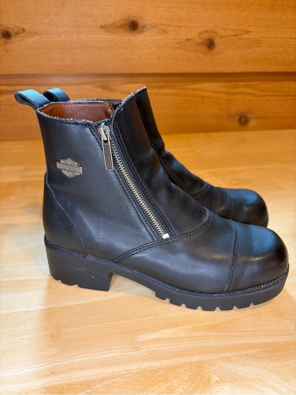 Vintage Harley-Davidson Starter Switch Captoe Leather Double-Zip Boots - Black